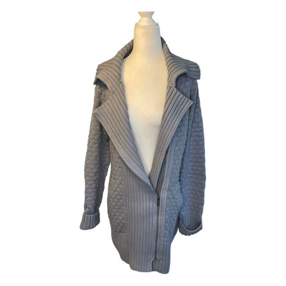 Calvin Klein Chunky Knit Cardigan Sweater Gray Cotton Zip Front Soft M - Picture 2 of 9